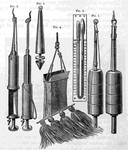 Numbered technical illustrations of sounding weights, water bottles, a thermometer, a net dredge and a cup sounding lead.