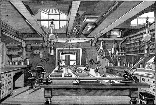 Engraving of a shipboard laboratory with benches, microscopes, specimen jars and hanging lamps.