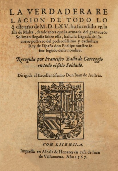 Spanish title page dated 1567 with the title La verdadera relación, Balbi’s name and an elaborate heraldic device.