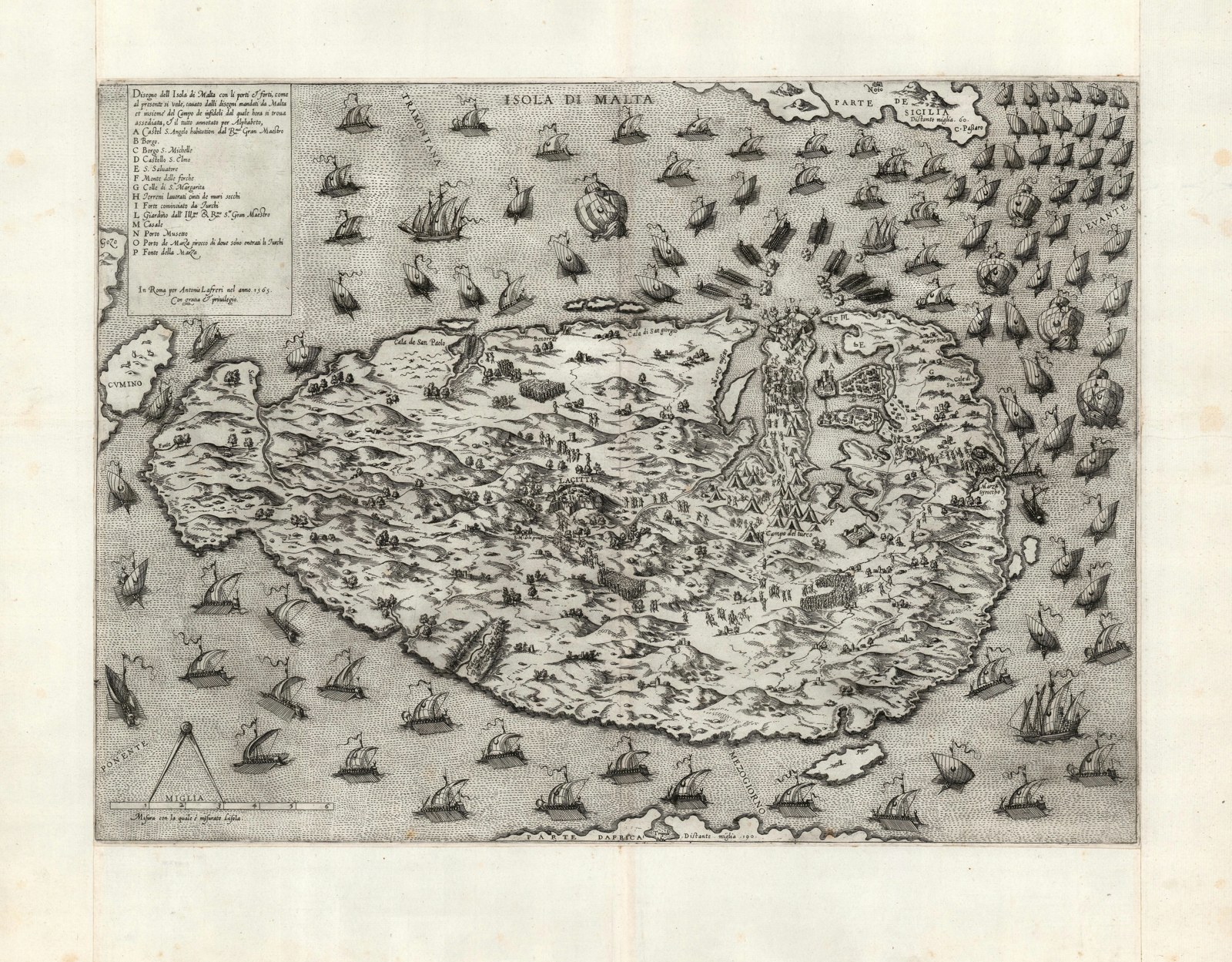 Sixteenth-century engraved map of Malta and nearby islands, with roads, labelled settlements, coastal forts and numerous ships.