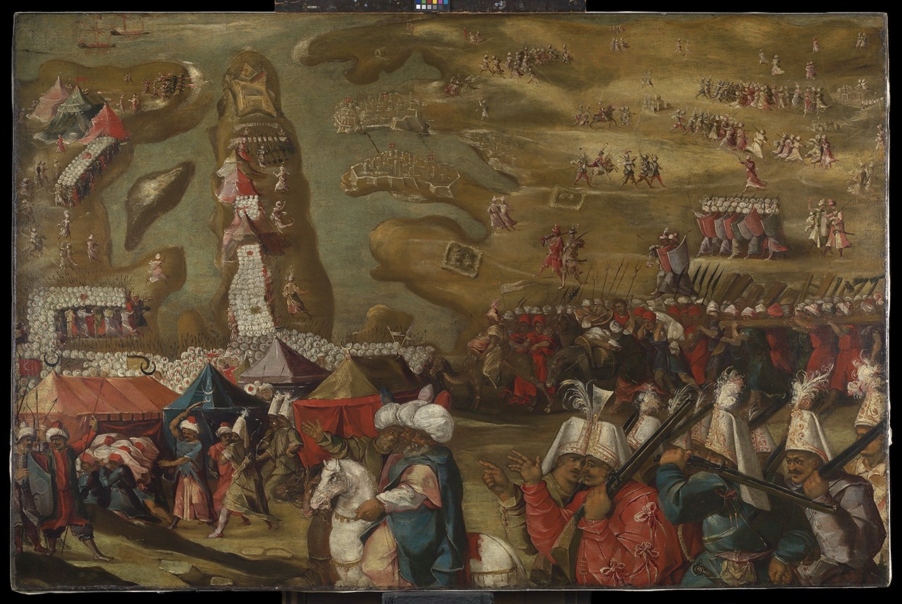 Historical painting of Malta’s harbours under siege, with Ottoman commanders, troops, tents and workers carrying tools in the foreground.