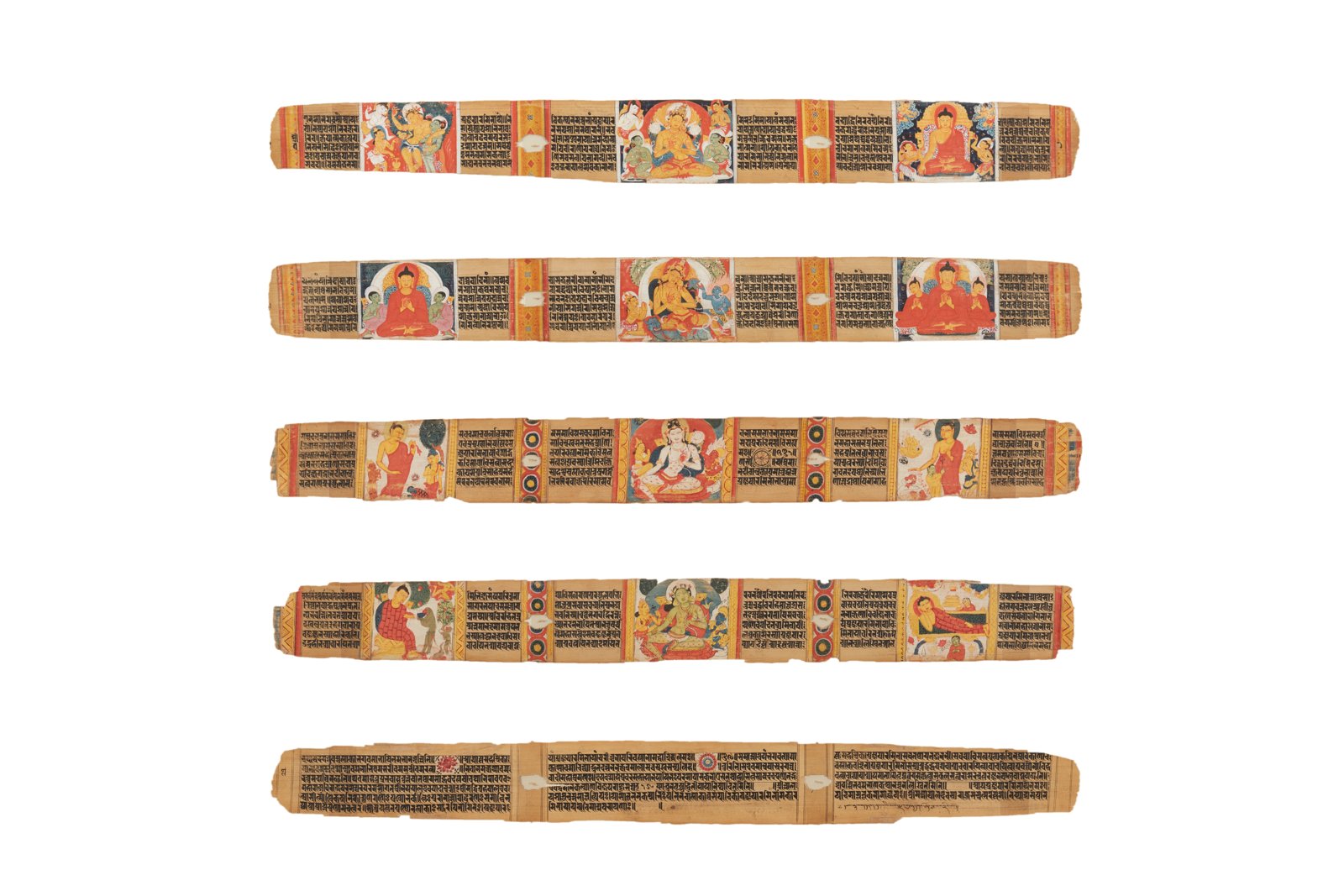 Five long palm-leaf manuscript pages with lines of Sanskrit writing and small painted Buddhist figures.