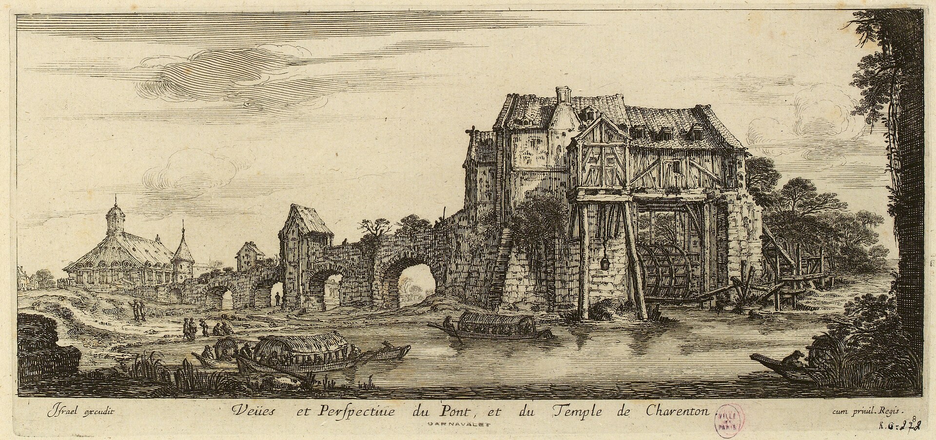 Seventeenth-century river view of Charenton, with the temple at left and buildings on the bridge at right.