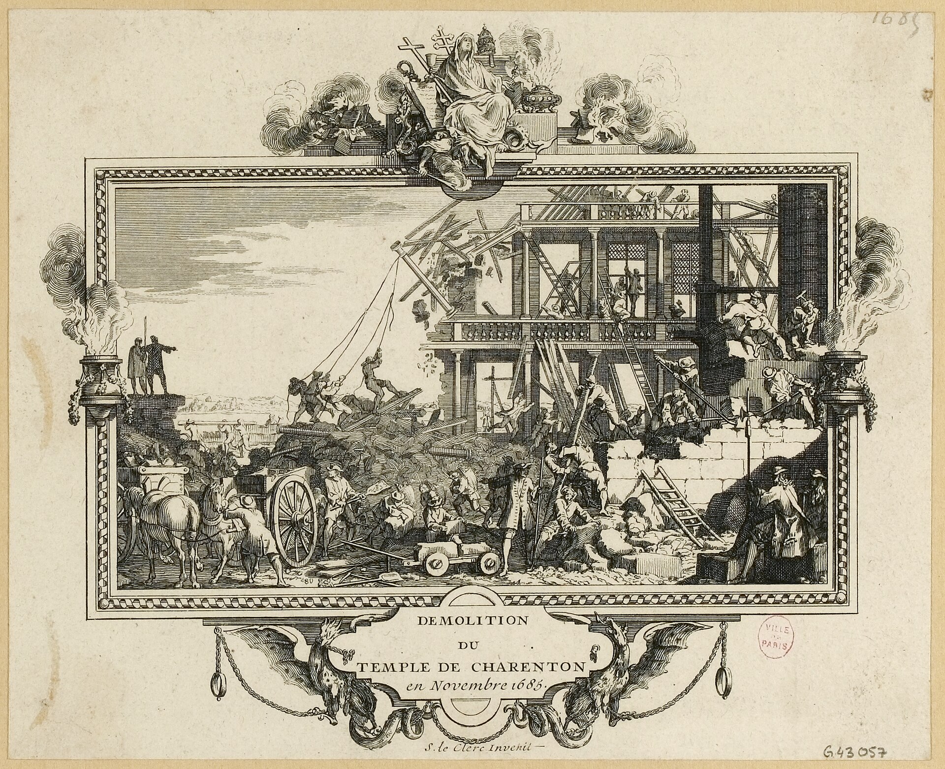 Etching showing the dismantling of a large timber-framed church, surrounded by figures and an ornamental frame.