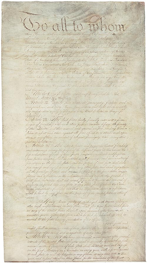 First manuscript sheet of the Articles of Confederation, headed To all to whom these Presents shall come.