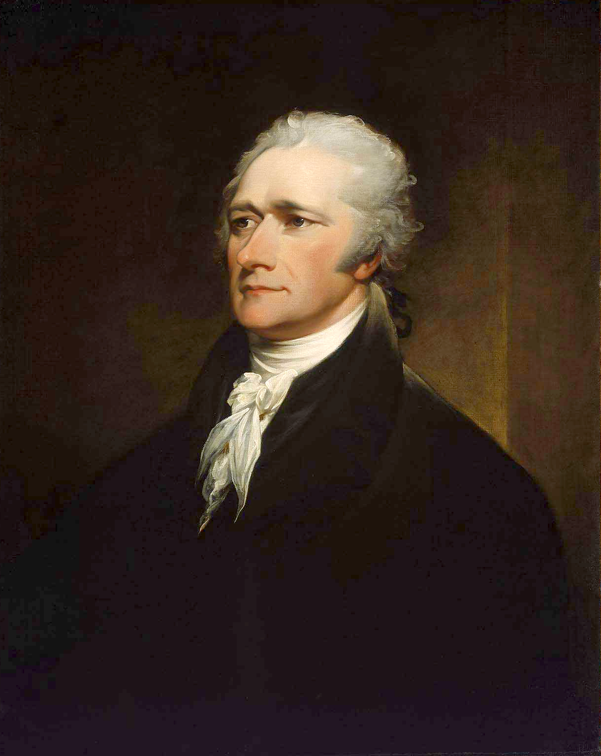 John Trumbull’s bust-length portrait of Alexander Hamilton wearing a dark coat and white cravat.