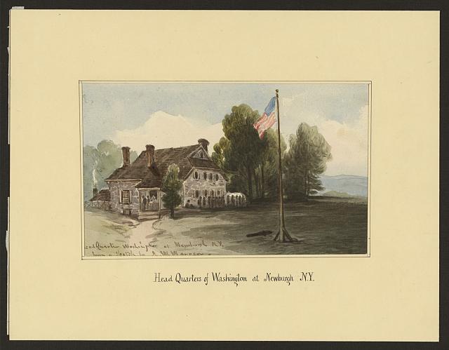 Nineteenth-century drawing of the low stone Hasbrouck House, with trees and people outside.