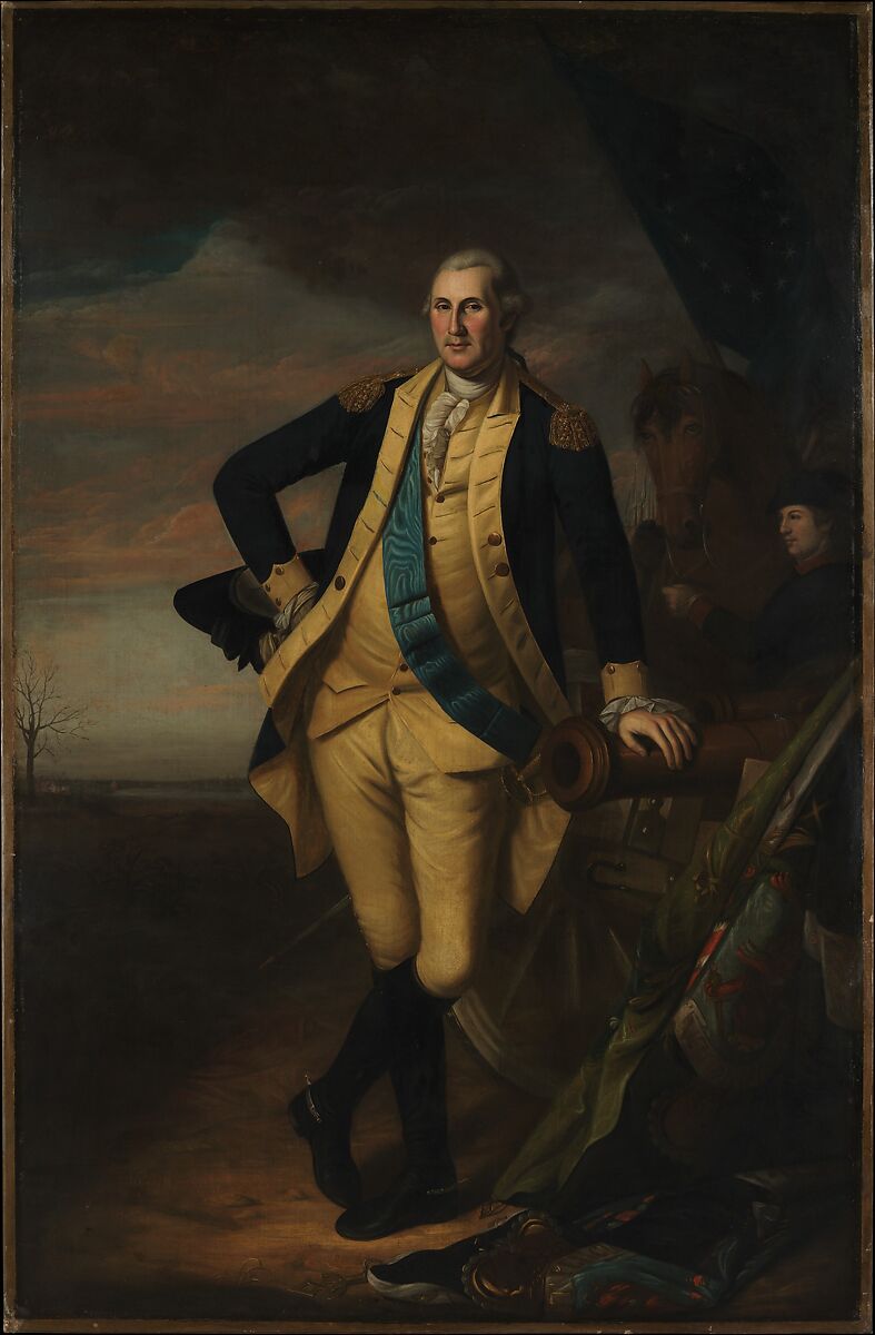 George Washington in uniform, standing outdoors beside a cannon in a painting by Charles Willson Peale.