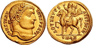 Two sides of a gold coin: Constantine’s laureate profile and a mounted emperor raising one hand.