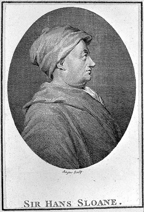 Engraved profile portrait of Hans Sloane wearing a cap and draped clothing