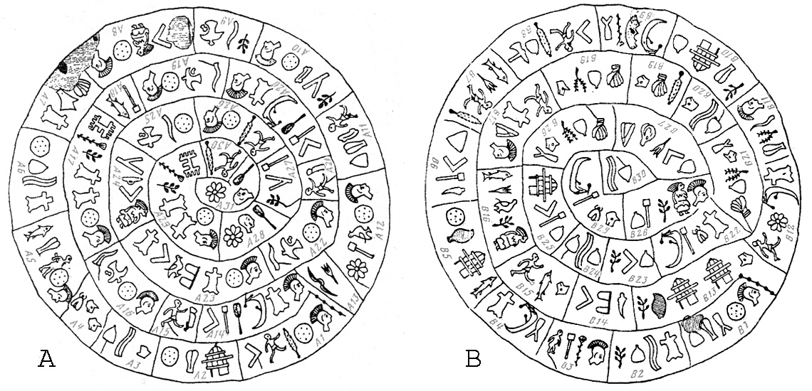 Black-and-white line drawings of both sides of the Phaistos Disc, labeled A and B with numbered groups inside each spiral.