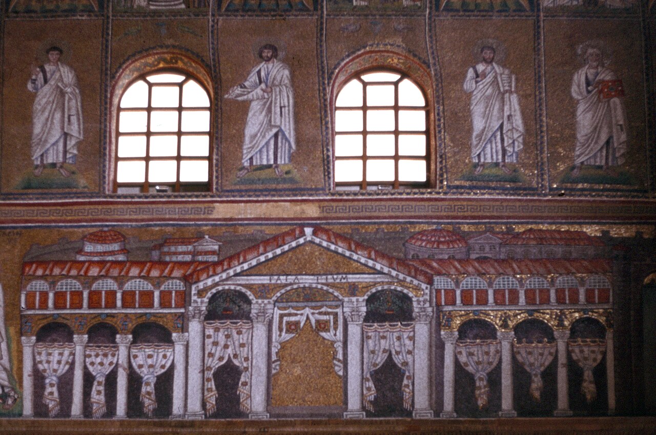 Mosaic of a pedimented palace with red roofs and white curtains between its columns, beneath a row of standing saints and windows.