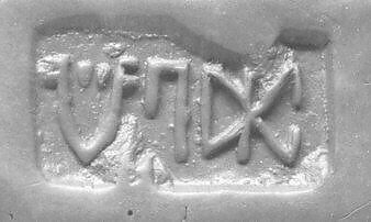 Black-and-white detail of a rectangular seal design containing a line of Indus signs.