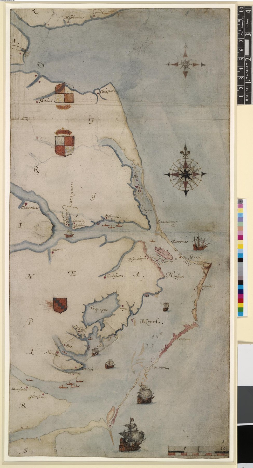 Watercolor map of coastal North Carolina and Virginia, with islands, rivers and settlement names