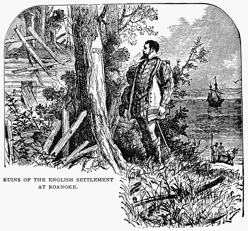 Nineteenth-century engraving of English men studying a carved tree at an abandoned settlement