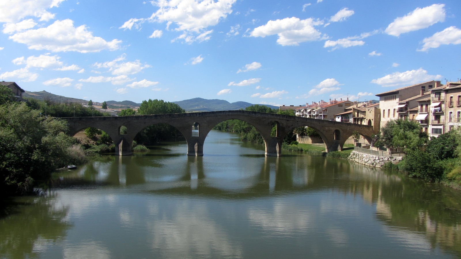 Stone arched bridge spanning a river at Puente la Reina