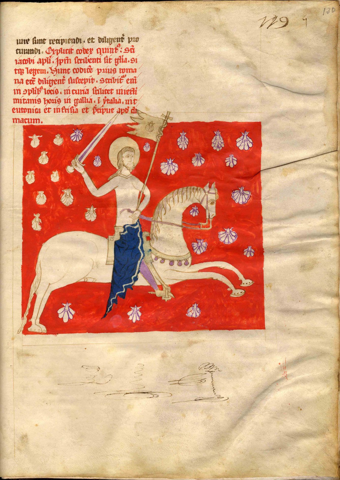 Illuminated manuscript page depicting Saint James on horseback with a raised sword
