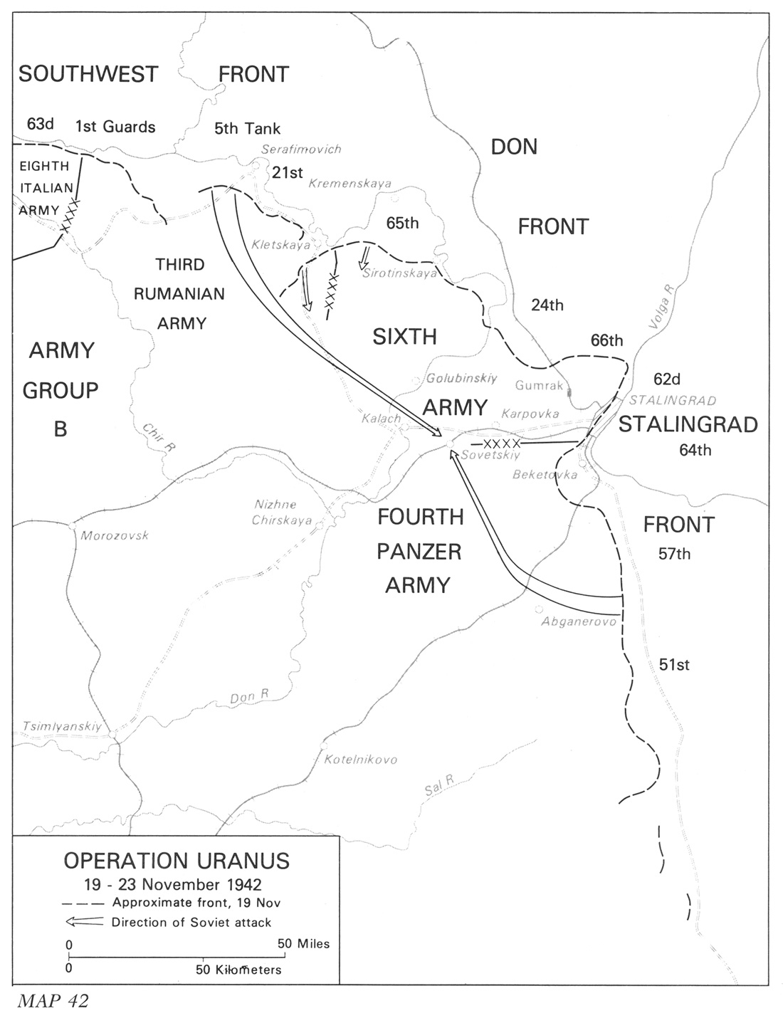 U.S. Army historical map showing Soviet attacks converging west of Stalingrad during Operation Uranus, 19 to 23 November 1942.
