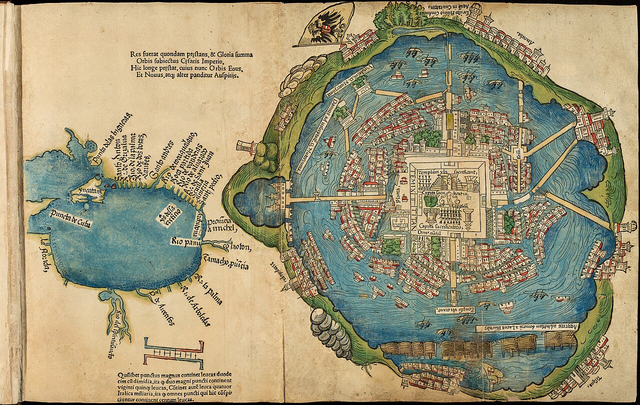 A hand-coloured 1524 woodcut showing Tenochtitlan surrounded by a lake and linked to its shore by causeways, beside a separate Gulf of Mexico map.