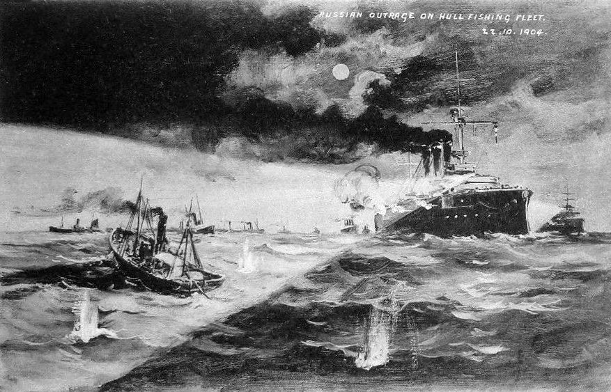 Contemporary illustrated postcard showing Russian warships firing among British fishing boats at night