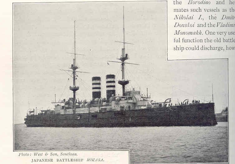 Black-and-white broadside photograph of the Japanese battleship Mikasa