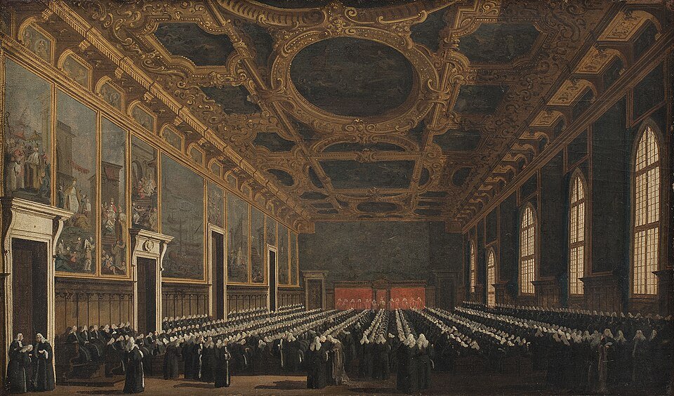 Canaletto painting of the Great Council chamber filled with seated Venetian patricians beneath a decorated ceiling.