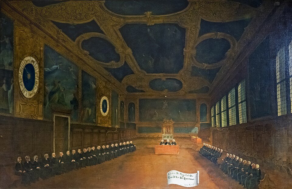 Gabriele Bella painting of Venetian electors seated in rows along the sides of an ornate room.