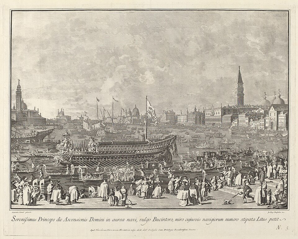 Engraving of the ornate Bucintoro ceremonial vessel surrounded by smaller boats near the Venetian waterfront.