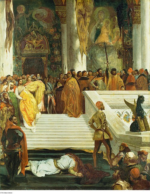 Delacroix historical painting of Faliero’s body on a palace staircase beneath assembled officials and an executioner.