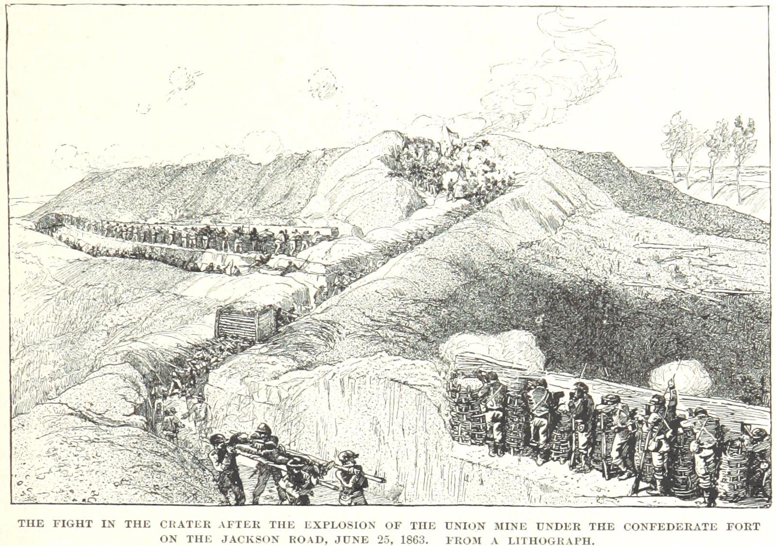 Black-and-white illustration of soldiers crowded behind earthworks and fighting near the crater created by a Union mine at Vicksburg.