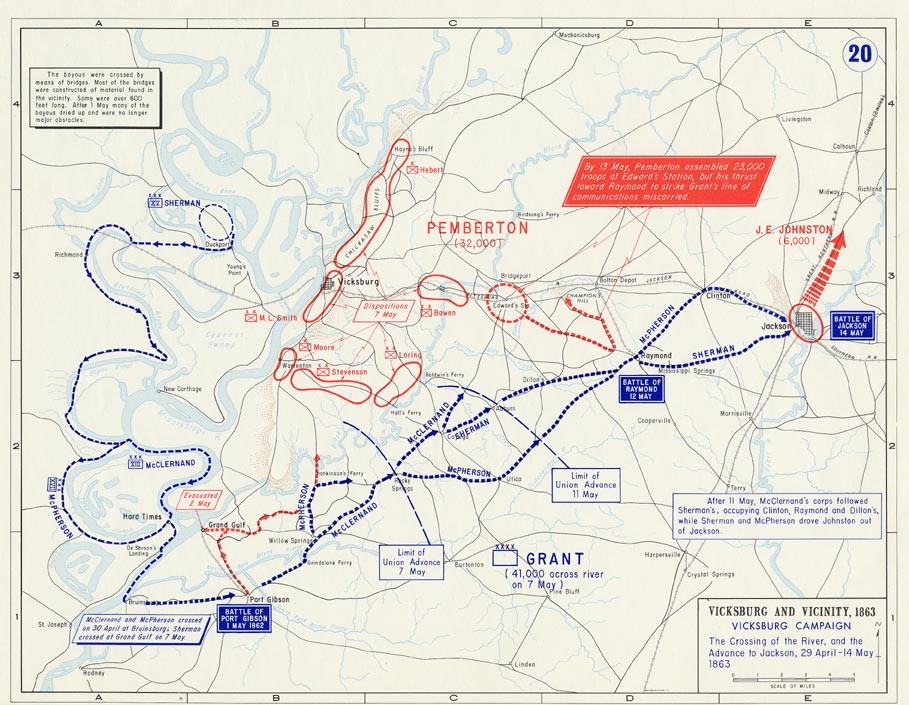 Military study map with blue Union routes from Louisiana across the Mississippi toward Port Gibson, Raymond and Jackson, and red Confederate positions.