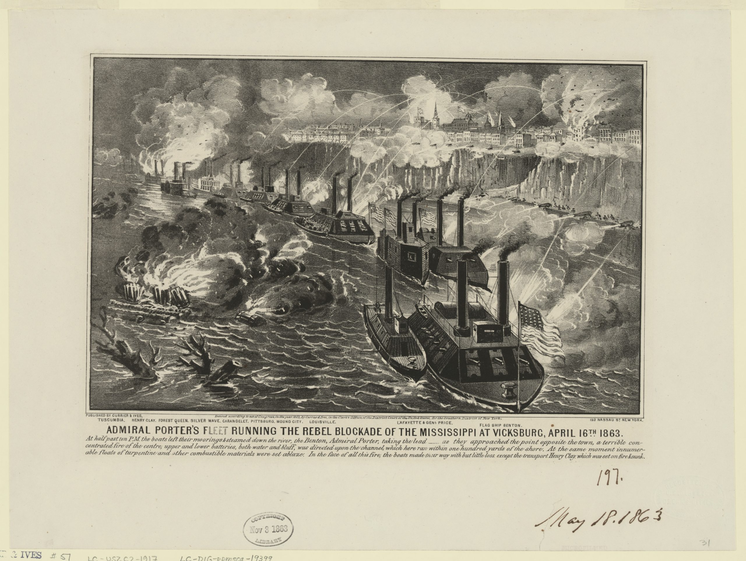 Period lithograph showing Union gunboats passing beneath the bluffs and firing batteries at Vicksburg at night.