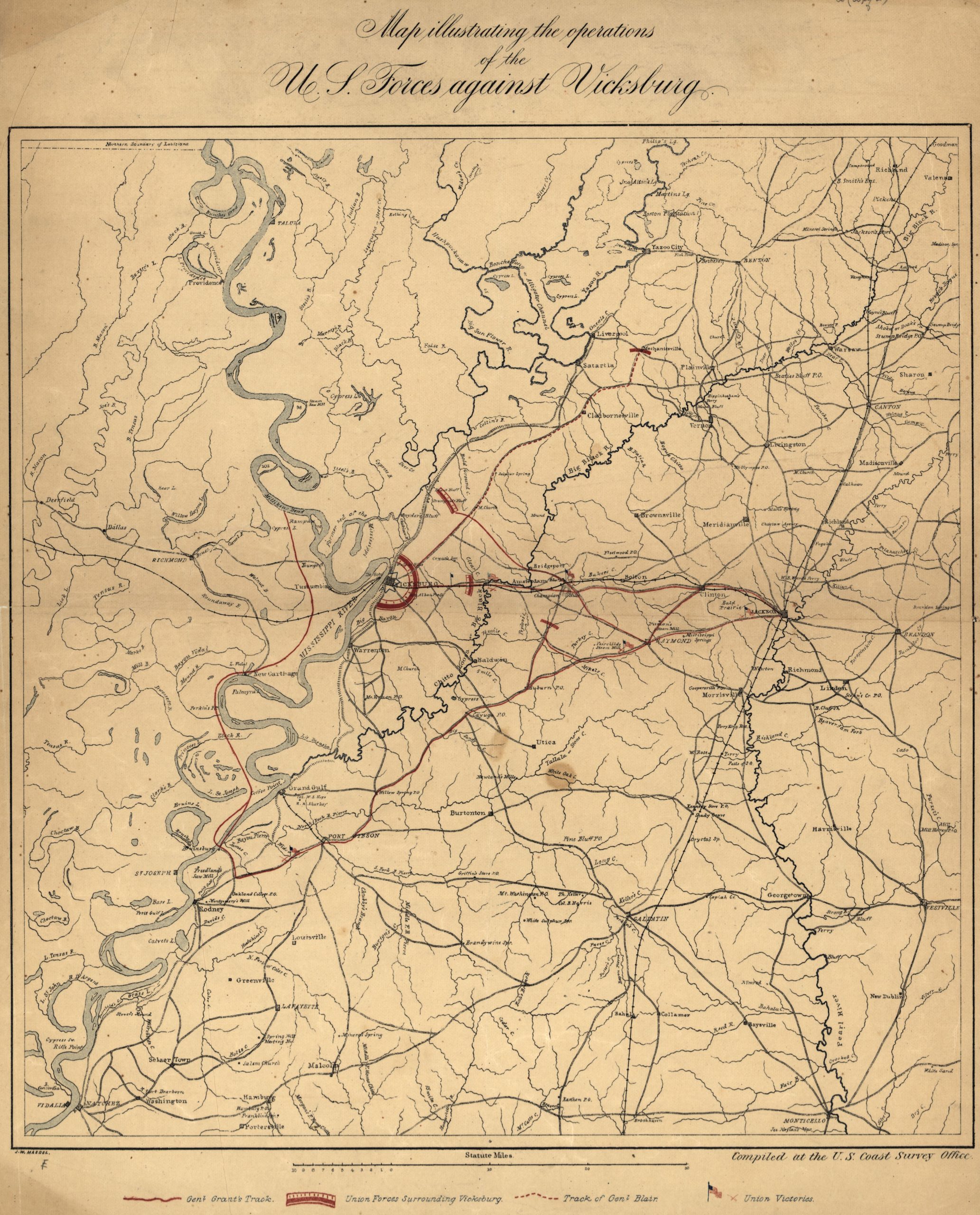 Detailed 1863 Coast Survey map showing the Mississippi River, Vicksburg, surrounding roads and Union and Confederate positions.