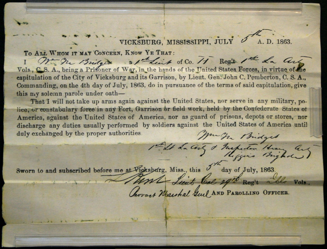 Photograph of a printed and handwritten Confederate parole document dated Vicksburg, Mississippi, July 5, 1863.