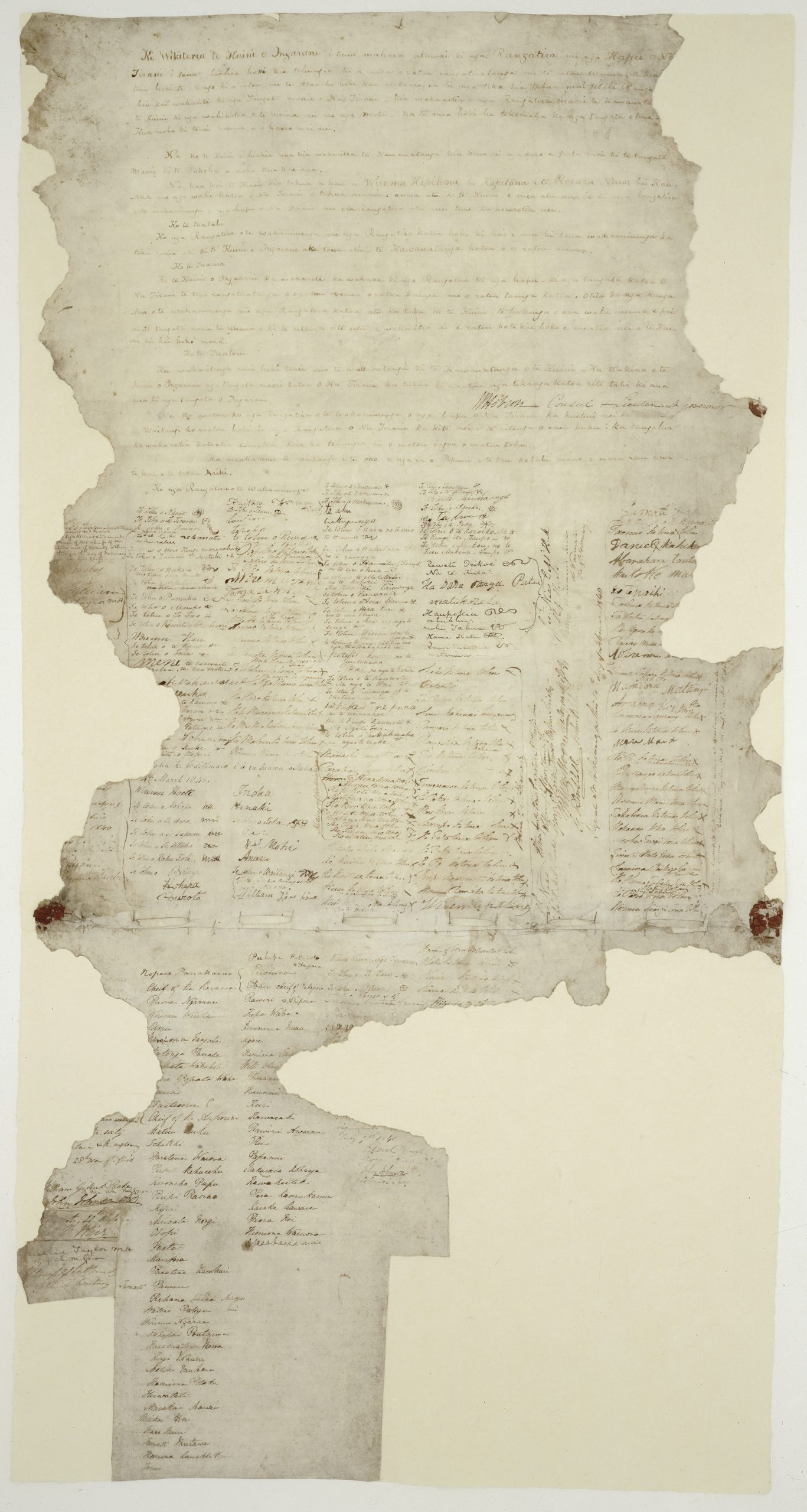 The surviving Waitangi parchment with Māori treaty text at the top and rows of signatures and personal marks below.