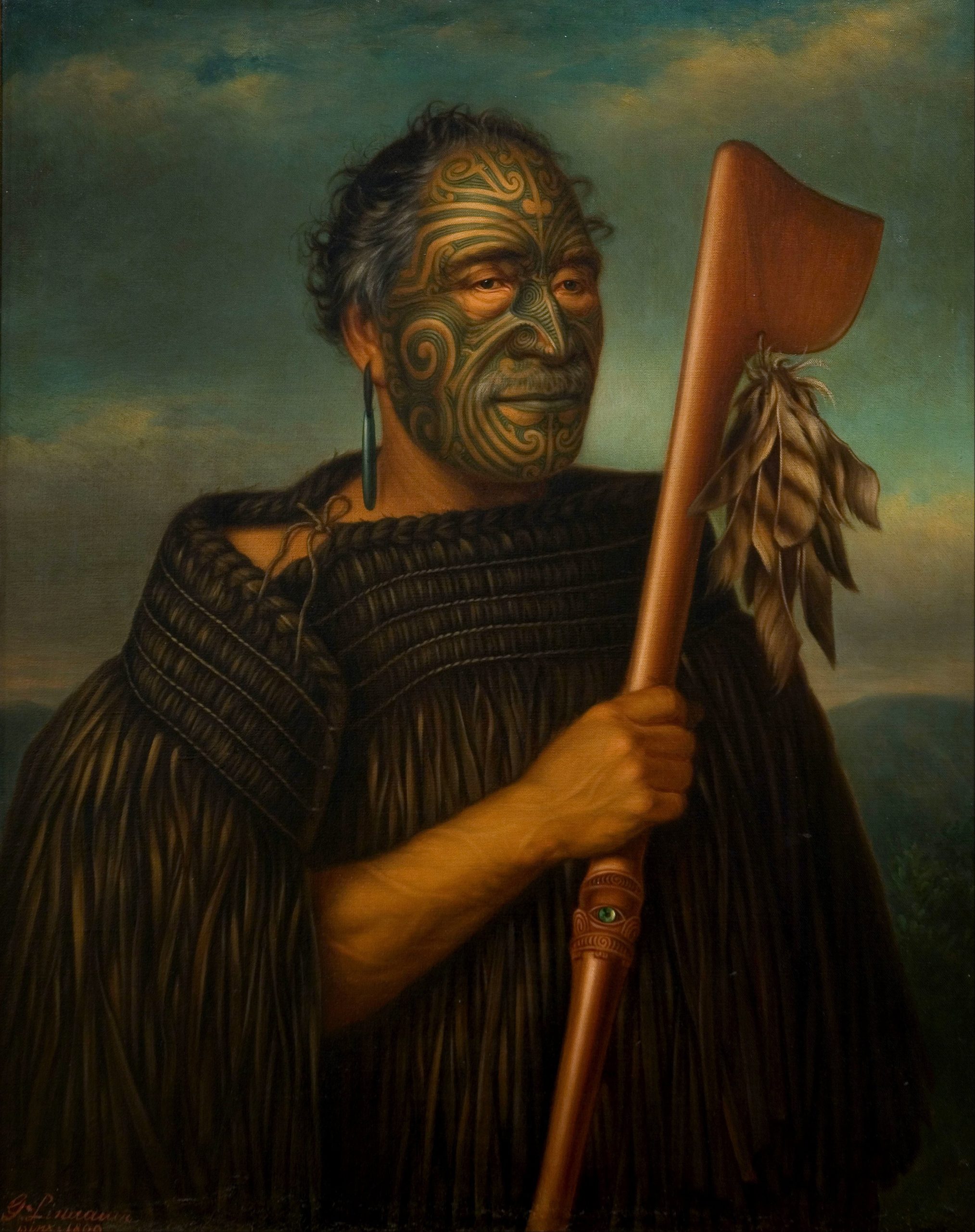Later painted portrait of Tāmati Wāka Nene wearing a cloak and holding a weapon.