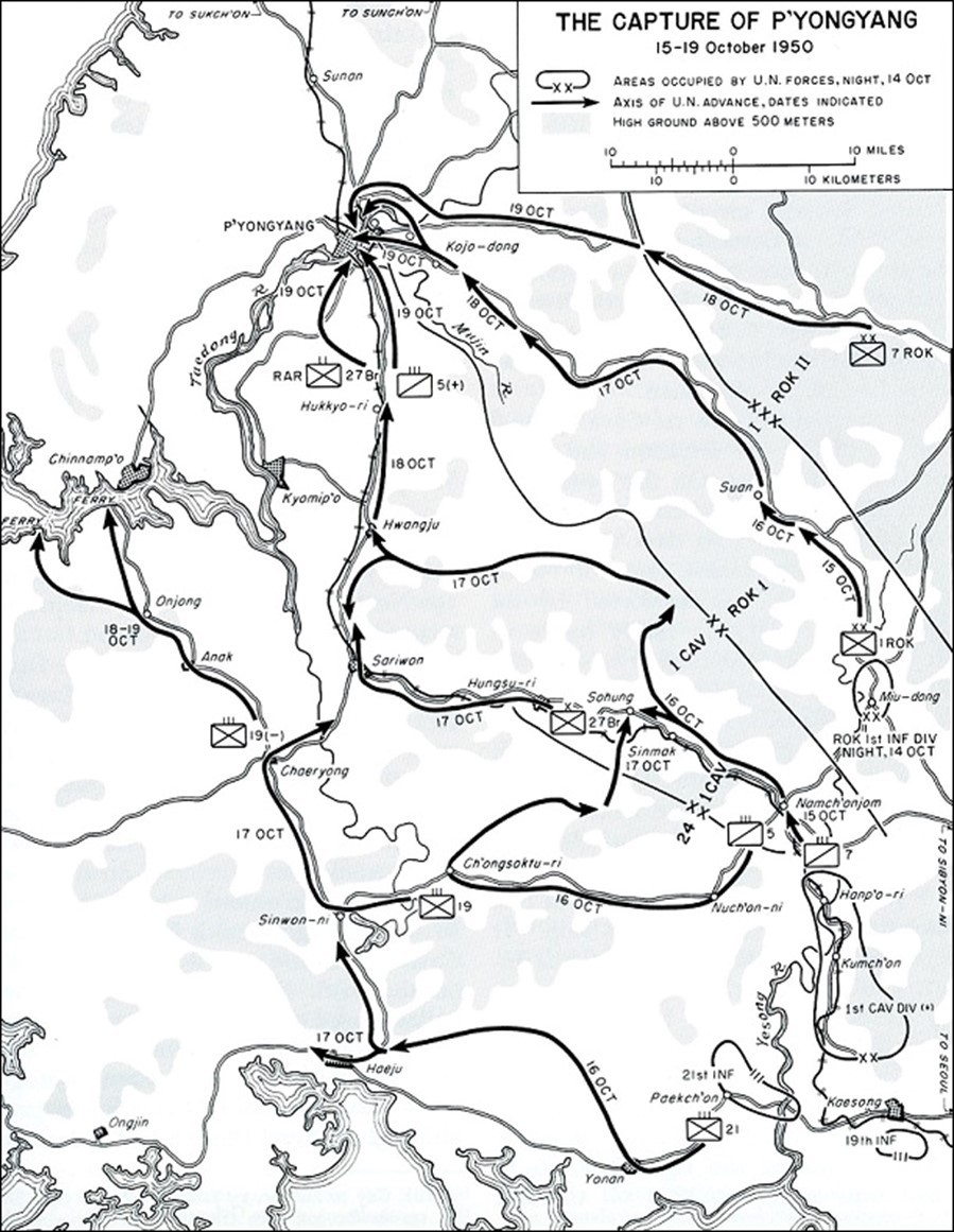 U.S. Army historical map of operations around Pyongyang in October 1950.