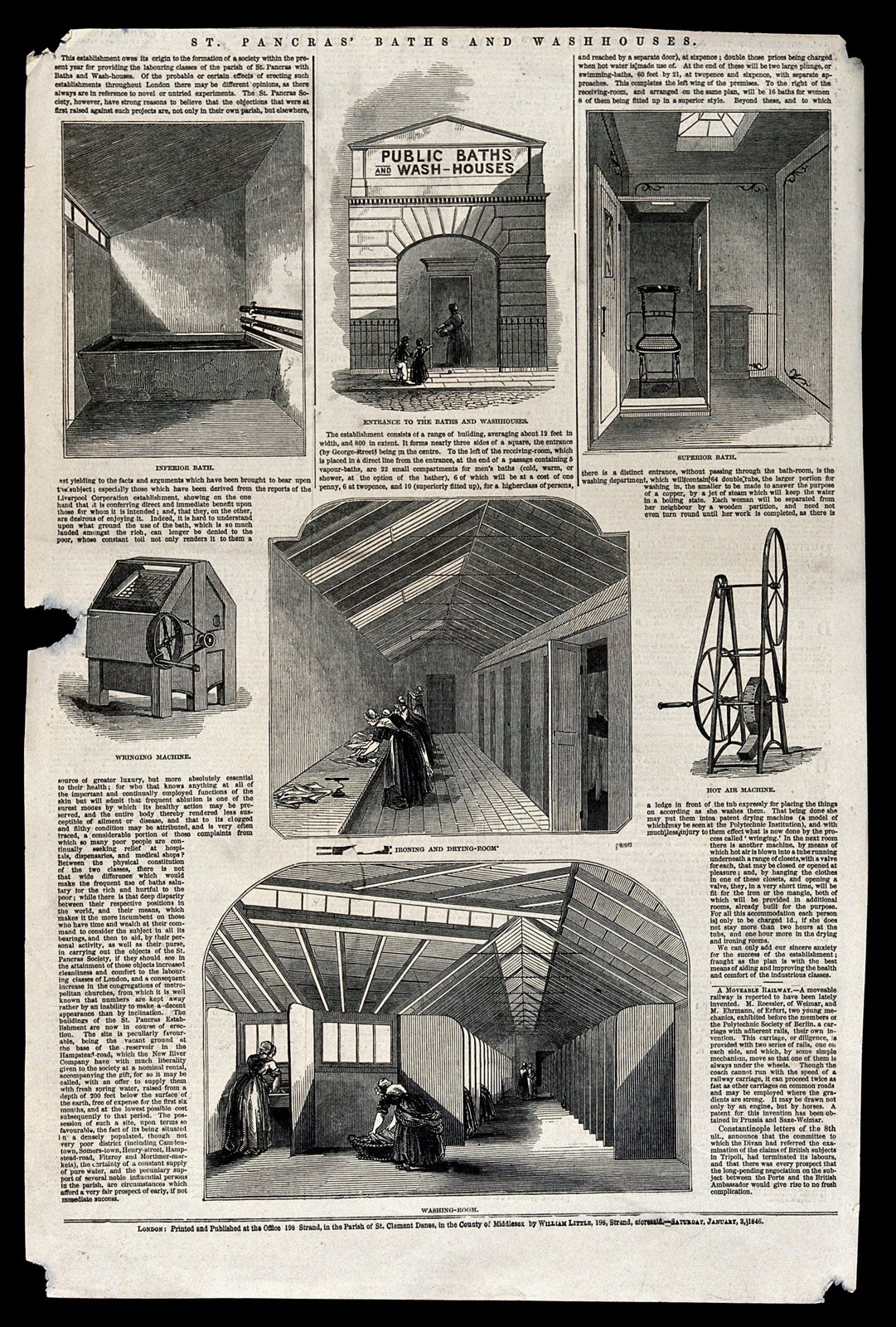 Nineteenth-century illustrated newspaper page with small views of baths, an entrance, wringing apparatus and a large washing room.