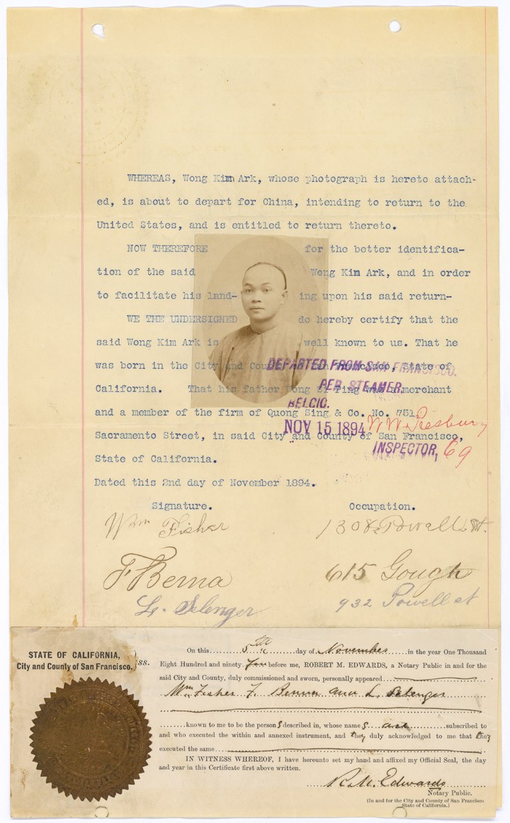 Wong Kim Ark’s photograph attached to a typed and notarized departure statement dated November 1894.